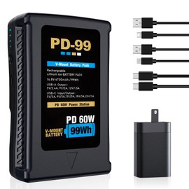 V Mount Battery, 99Wh 6700mAh 14.8V V Lock Battery Support PD60W USB-C Fast Charging, with D-TAP, USB-A, USB-C Port, V-Mount Battery for LED Light Camera Video Broadcast Camcorder and Smartphone