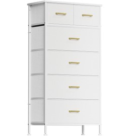 YILQQPER Tall Dresser for Bedroom with 6 Fabric Drawers, Chest of Drawers for Closet, Living Room, Hallway, White Dresser with Sturdy Steel Frame, Leather Finish, Wood Top (Glacier White)
