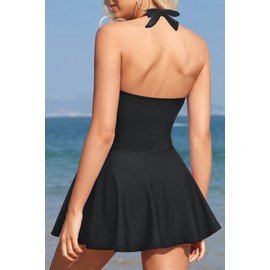 SHEKINI Women's Halter One Piece Skirt Swimsuits Ruched Swimdress Tummy Control Bathing Suit(Black, Large