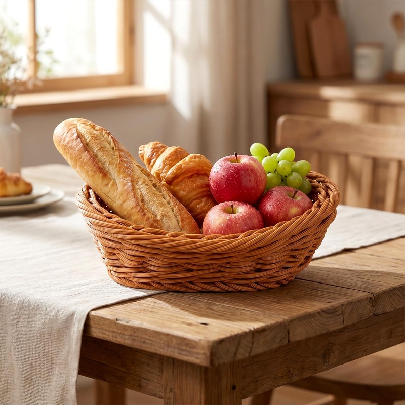 Small Poly Wicker Woven Bread Basket, Plastic Wicker Serving Basket