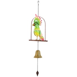 Deco 79 Metal Parrot Handmade Perched Windchime with Hanging Bell, 10" x 14" x 32", Green