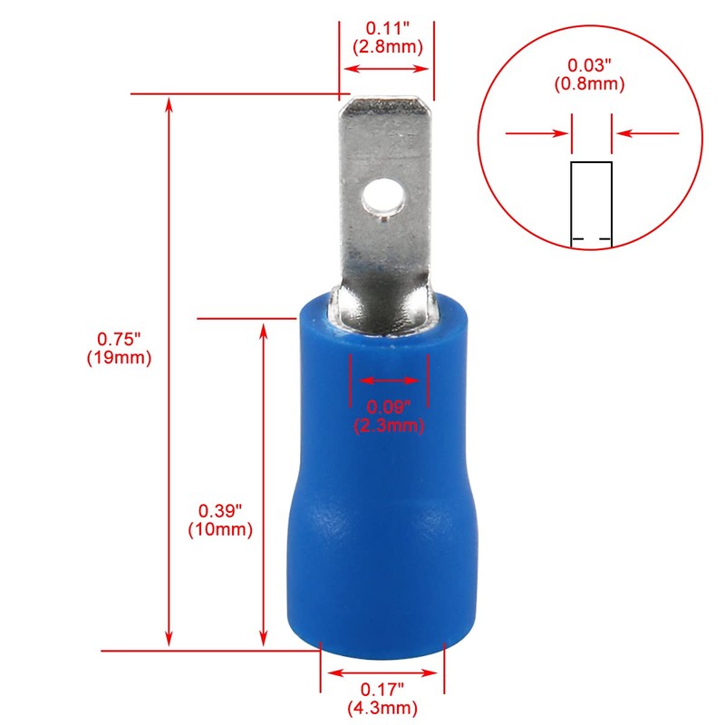 Baomain 0.11" Blue Male Insulated Spade Wire Connector Electrical Crimp