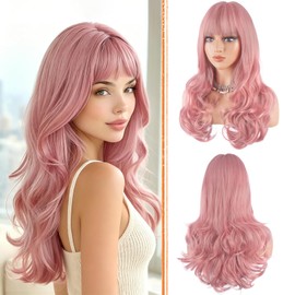 Haloo Pink Wigs with Bangs Long Wavy Layered Haircut Natural Looking Fluffy Synthetic Heat Resistant Hair Wig for Women Daily Party, 24 Inch