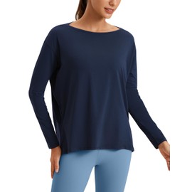 CRZ YOGA Pima Cotton Long Sleeve Workout Shirts for Women Loose Fit Athletic Yoga T-Shirts Casual Boat Neck Fall Tops Navy Large