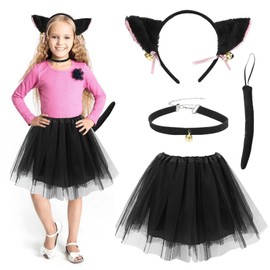 Cat Costume Girls Children 4-Piece Cat Costume Set Children, Kitten Costume Cat Cosplay Set with Black Tutu with Cat Ears, Girls Kitten Costume for Carnival Party Decoration Accessories