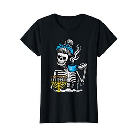 Hanukkah Skeleton Messy Bun Coffee Chanukah Women Girls Kids T-Shirt
