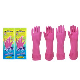 (Pack of 2 Paris) Mamison Kitchen Gloves Medium Pink, Cleaning Rubber Gloves Home and Kitchen for Cooking, Waterproof Reusable Elastic Rubber Gloves