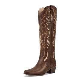 wetkiss Brown Cowboy Boots for Women Knee High Cowgirl Tall Boots with Classic Retro Embroidered Chunky Heel Slip On Pointed Toe Womens Western Boots for Girls Ladies