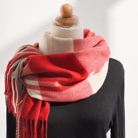 Baynetin Winter Ladies Long Soft Warm Scarves, Spinning Tassel Shawl, Tartan Checked Scarf Blanket Christmas Gifts for Lady Women Girls (Red)