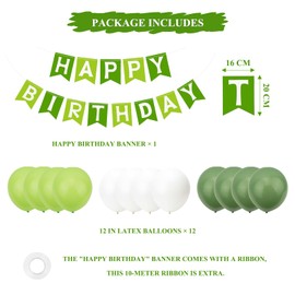Green Happy Birthday Decorations, Happy Birthday Banner with 12 Latex Balloons for Boys, Girls, Birthay Party Decorations Pack.