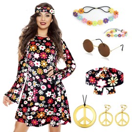 8PCS 70s Fancy Dress Women Set, 70s Hippie Dress Costumes Necklace Earrings Sunglass Women Disco Outfit, 60s Party Costume, Womens Hippie Costume for Carnival Cosplay Party