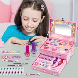 37Pcs Kids Makeup Toy Kit Real Washable Makeup Beauty Set for Girls with Portable Cosmetic Bag Princess Pretend Play Makeup Toy Set Birthday Christmas Gifts for Girls Over 5 Years Old(Pink)