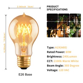 runquiz Warm Incandescent Light Bulbs 60 Watt,A19/A60 Vintage Style Edison Bulbs E26,Soft Yellow Light Bulbs,Amber Bulbs,Retro Light Bulb Old Fashioned,Halogen Dimmable Edison Bulb Squirrel Cage