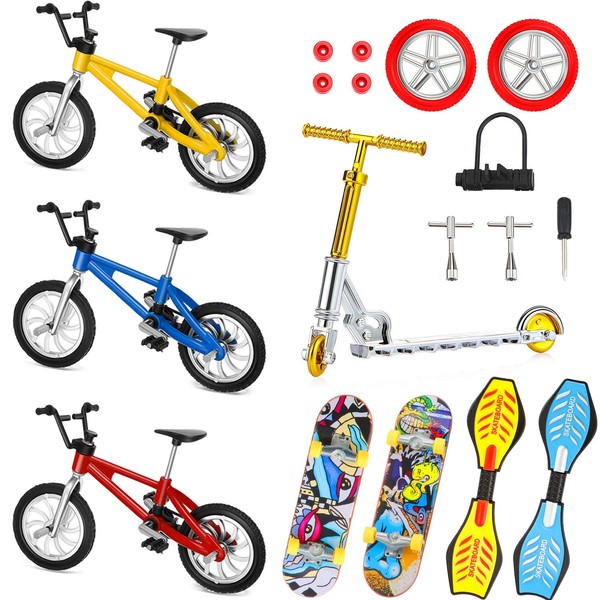 18 Pieces Mini Finger Toys Set Hand Skateboard Finger Skateboards for Kids Finger Bikes Scooter Tiny Swing Board Fingertip Movement Party Favors Replacement Wheels and Tools