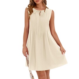 BTFBM Womens Summer Mini Dress 2025 Sleeveless Crew Neck Cute Bow Tie Front Loose Pleated Casual Short Dresses Pockets(Beige, X-Large)