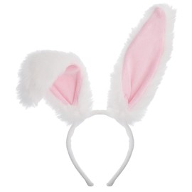 Sibba Bunny Ears Headband Cute Easter Plush Rabbit Ears Hairbands Cosplay Costume Fancy Dress Up Accessories Hair Styling Party Favor Decoration Fluffy Headpiece Christmas Party Adults White&Pink