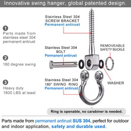SELEWARE Set of 2 Permanent Antirust 304 Stainless Steel Screw Bracket Heavy Duty 180° Swing Hangers, 1800LB Capacity Playground Yoga Hammock Rope Tire Web Chair Sandbag Punching Bag Porch Swing Sets