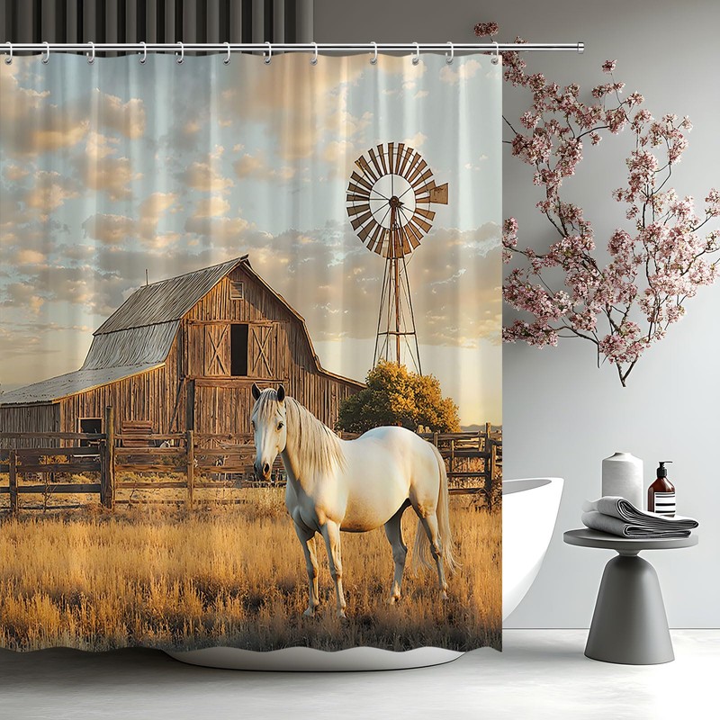 FAXTOZ Fall Horse Shower Curtain Rustic Farm Animal Retro Barn