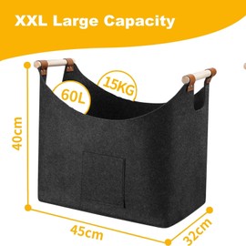 Firewood Basket Felt Basket for Firewood, XL Firewood Basket Felt Firewood Basket Foldable with Reinforced Wooden Handle Firewood Bag for Shopping Newspaper or Firewood, 45 x 32 x 40 cm, Dark Grey