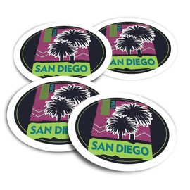 Vinyl Round Stickers (Set of 4) 10cm - San Diego USA Palm Vacation for Laptops, Tablets, Luggage, Scrap Booking, Fridges #59252