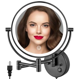ALHAKIN 9" Wall Mounted Lighted Makeup Mirror, Large Double Sided 1X/10X Magnifying Mirror, 3 Color LED Vanity Mirror with Lights, Touch Dimmable 360° Swivel Light Up for Bathroom, Black