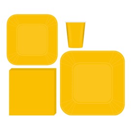Oojami Serves 50 Complete Party Pack Yellow Square Plates, 9" Dinner & 7" Dessert Square Paper Plates, 9 oz Cups, 3 Ply Napkins, Baby Shower,office parties, birthday, festivals, Yellow Party Theme