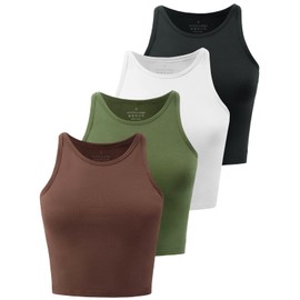 Kole Meego Crop Tops for Women Workout Cropped Tank Top Trendy High Neck Camisole Yoga Shirts Athletic Undershirts 4 Pack Black/White/Coffe/Olive M