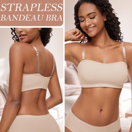 WOWENY Strapless Bras for Women Bandeau Bra Non-Slip Silicone Wireless Bra Seamless Bralette Padded Comfy Tube Top(2125-Beige, Medium)
