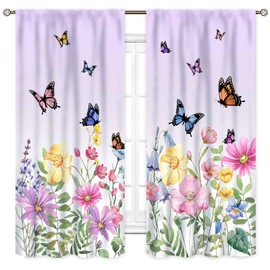 Floral Kitchen Curtains, Spring Flower Butterfly Purple Wildflower Watercolor Floral Farmhouse Country Blackout Window Drape Treatments for Living Room Bedroom Nursery 2 Panel Sets, 42"x54" Inch
