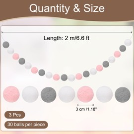 sourcing map 3pcs Pom Pom Garland 6.6 ft 30 Balls Colorful Felt Ball Garland for Wall Christmas Tree Decor Birthday Banner Easter Party Decorations, Pink, Grey, White