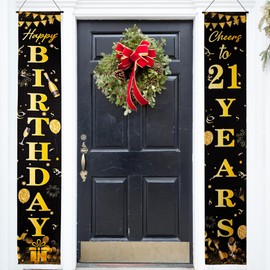 Happy 21st Birthday Party Decorations Black Gold 21st Birthday Door Banner Porch Hanging Banner, 21st Birthday Door Decorations for Girls Her 21 Year Old Indoor Outdoor Garden Black Gold