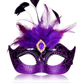 MYSEUNI 2025 Purple Masquerade Masks for Women - Mardi Gras Mask for Women with Feathers - Venetian Mask for Masquerade Party