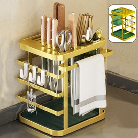 Stainless Steel Universal Knife Holder for Kitchen, VSIAISV Knives Storage Without Knives, Utensil Holder 9 Slots with Scissors, Sharpening Rod, Space Saver Knives Organizer (Gold)