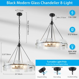 XINGQI Black Chandeliers for Dining Room Modern 8-Light Glass Farmhouse Pendant Lighting Fixtures Round Chandelier for Kitchen Island Living Room Entryway