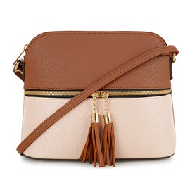 SG SUGU Lunar Lightweight Medium Dome Crossbody Bag Shoulder Bag with Double Tassels | Zipper Pocket | Adjustable Strap|Cognac/Ivory