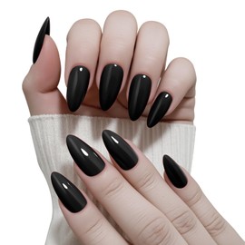 24Pcs Press on Nails for Women Girl, Solid Color Medium Almond Fake Nails Glossy Artificial Fingernail, Reusable with Adhesive Tabs for Gift Parties Festival Makeovers(Black)