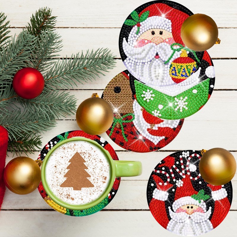 8 Pcs Christmas Santa Diamond Art Coasters Kits with Holder