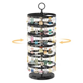 EsLuker.ly Earring Holder Organizer Rotating Stud Display Tree Rack with 342 U-Slots for Women Girls, Large Adjustable 6 Tier Plastic Storage Stand with Metal Tray for Pierced Hoop Post Earring, Black