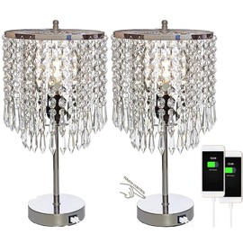 Touch Control Crystal Table Lamp Set of 2,Dual USB Charging Ports, 3-Way Touch Dimmable Crystal Lamp,Silver Bedside Lamps Set of 2 with Elegant Shade for Living Room Bedroom