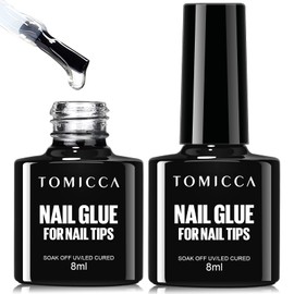 TOMICCA 4 in 1 Nail Glue and Base Gel Kit for Clear Nail Tips Extra Strong 2PCS 16ml Brush On Nail Glue Gel for Acrylic Nails Transparent False Nails, UV Gel Glue for Nails, UV/LED Lamp Required