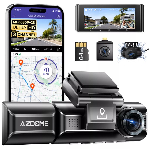 AZDOME M550 Max Dash Cam 3 Channel WiFi GPS 4K+1080P+2.5K
