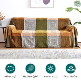 Bofree Boho Couch Cover - Hippie Chenille Jacquard Bohemian Chair Couch Sofa and Bed Furniture Cover with Colorful Tribal Pattern (Green, 87" x 102")