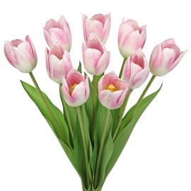 Arborus Artificial Tulips Flowers – 20" Long Stem Faux Tulips, 10PCS Real Touch Fake Pink Tulip for Vase, Farmhouse, Kitchen, Spring & Wedding Home Decor