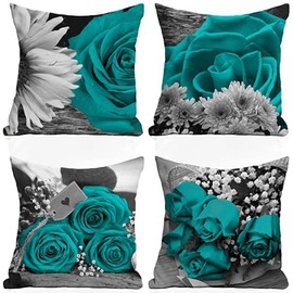 DILOXNSU Set of 4 Decorative Cushion Covers 50 x 50 cm Teal Rose Grey Flower Square Pillow Cover 20 x 20 Inch Durable Linen Modern Pillowcases for Sofa Garden Bed Outdoor Cushions