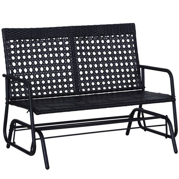 Outsunny Patio 2-Person Wicker Glider Bench Rocking Chair, Outdoor All-Hand Woven PE Rattan Loveseat w/Ergonomic Design Rocking System for Patio, Garden, Porch, Lawn, Black