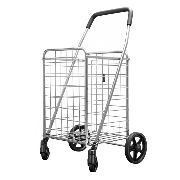 Folding Shopping Cart with 360-Degree Swivel Wheels, Silver (Single Basket)
