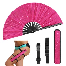 Anglekai 13’’ Glitter Large Rave Folding Clack Hand Fan, 1P/ 2P Shiny Line Dancing Hand Popping Fan with 2 Waist Belt/Sleeves for Dance Decoration (1, Pink)