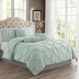 TRP 3 Piece Super Soft Plush Lightweight Farmhouse Comforter Set King Size Pintuck Pinch Pleat Design | All Seasons Shabby Chic Bedding Sage Green Color Cozy Warm Rich Luxury Aesthetic Look