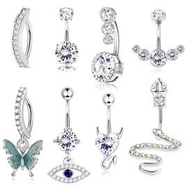 Subiceto 14G Belly Button Rings Dangle Cute Gold Plated Snake Evil Eye Clear CZ Butterfly Clicker Belly Button Rings for Women Reverse Navel Rings Belly Piercing Pack Silver
