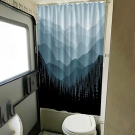 RV Shower Curtains Forest Mountain Happy Camper, Cloth Fabric RV Bathroom Decor Curtain Sets with Hooks 47WX64H Inches (Blue)